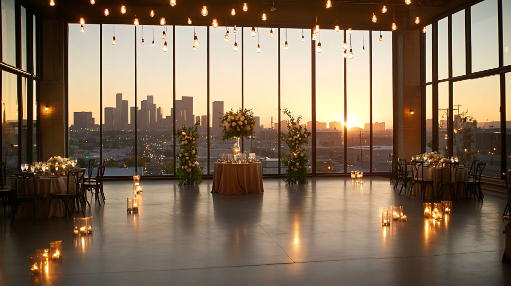 stunning industrial wedding venue with city skyline at sunset, creating romantic atmosphere.